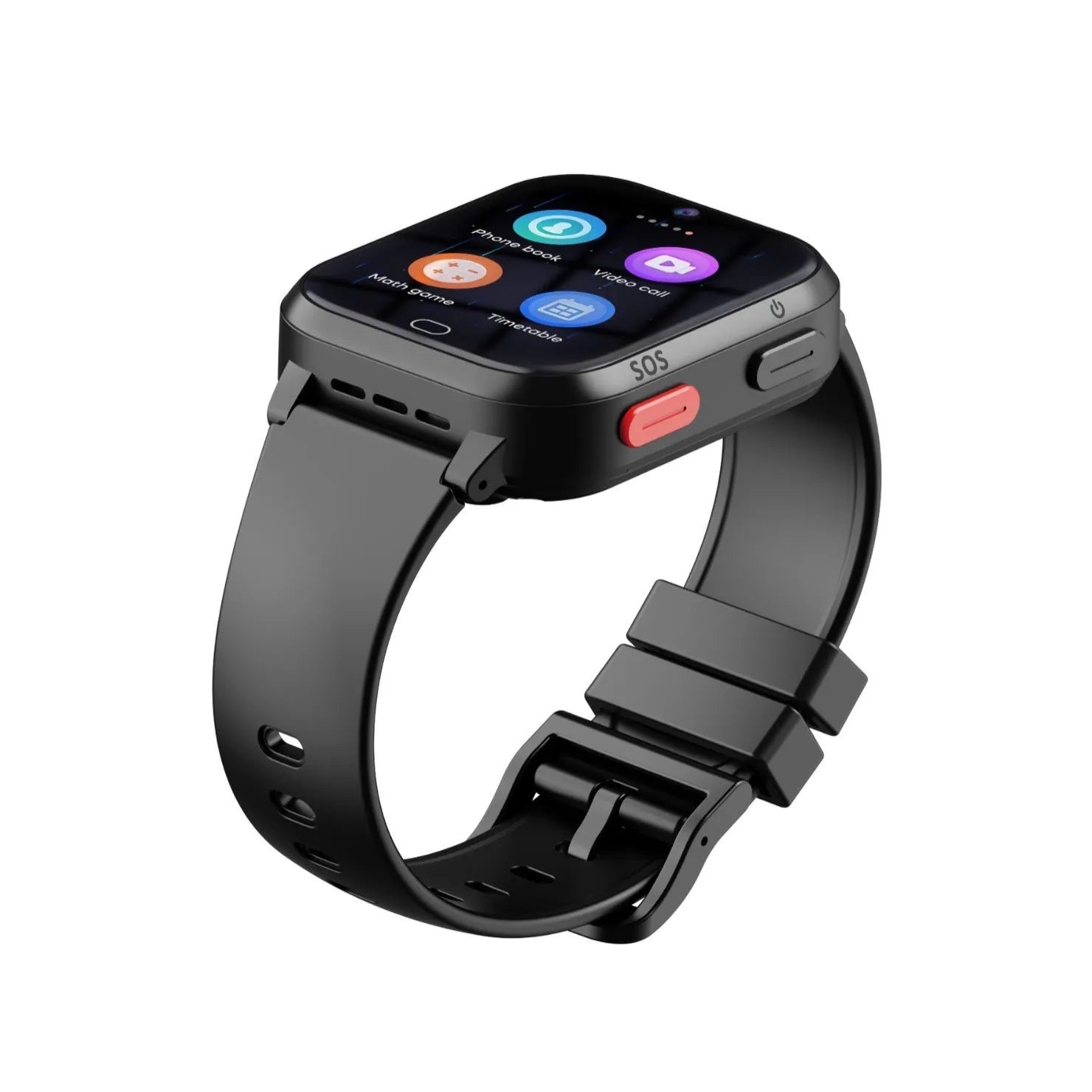 Child's 4G smartwatch with colour touchscreen on a wrist strap in black, blue, or pink