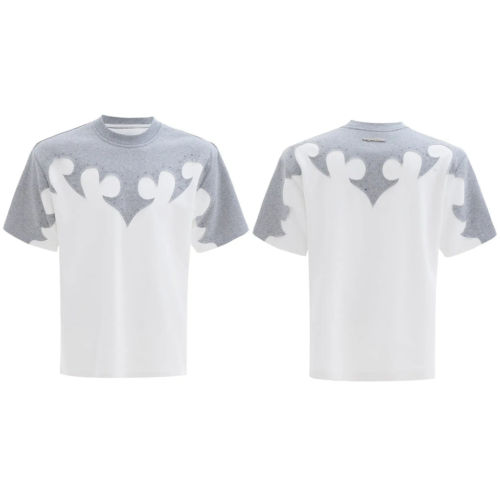 Men's cotton short-sleeved shirt with burnt flower detailing and stitching on a grey background