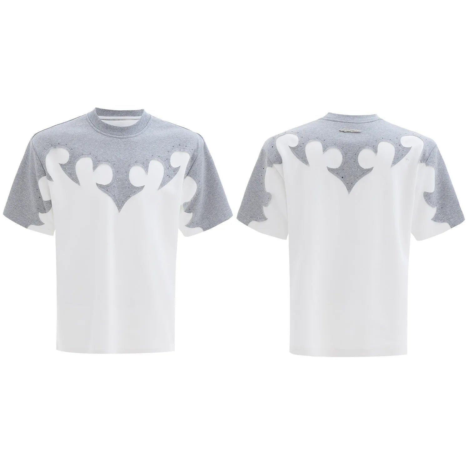 Men's cotton short-sleeved shirt with burnt flower detailing and stitching on a grey background