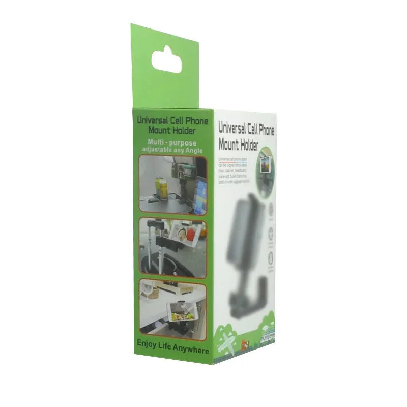 Black 360-degree rotating collapsible phone holder on desktop showing adjustable angle