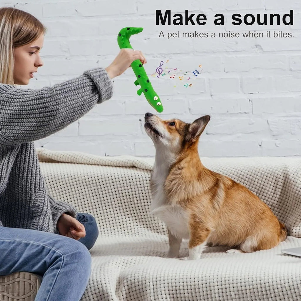 Green lizard-shaped dog chew toy with squeaker, 24cm long for aggressive chewers