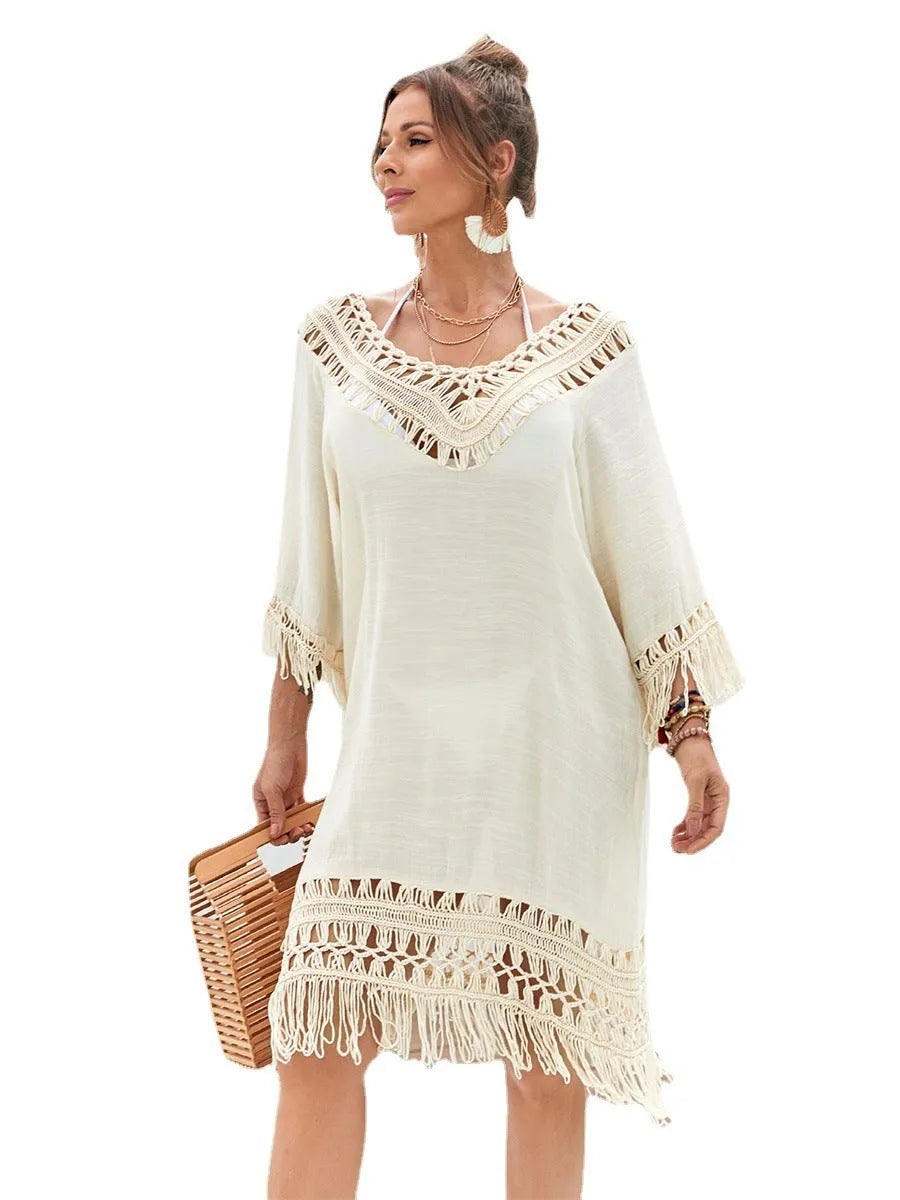 Women's apricot hand-crocheted beach dress with polyester lining for swimming activities