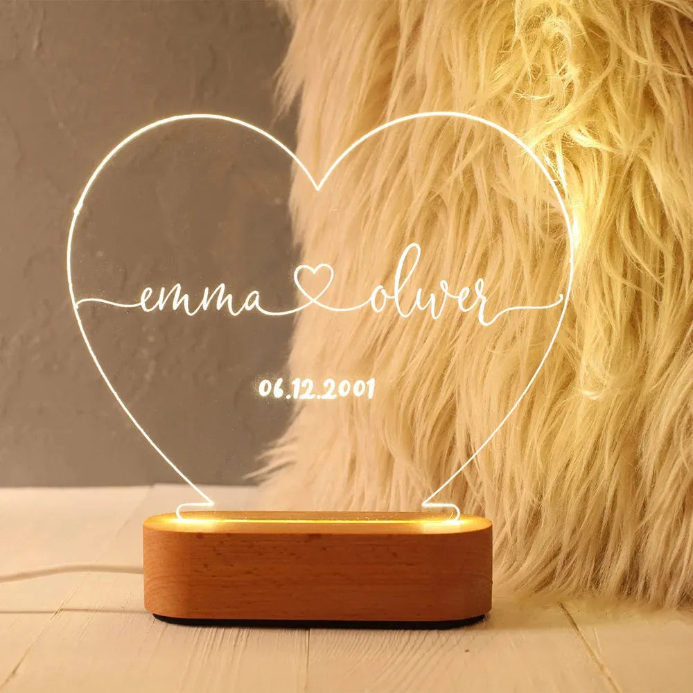 Custom LED night light with personalised text on 20cm x 11.5cm transparent acrylic plate, USB cable connected
