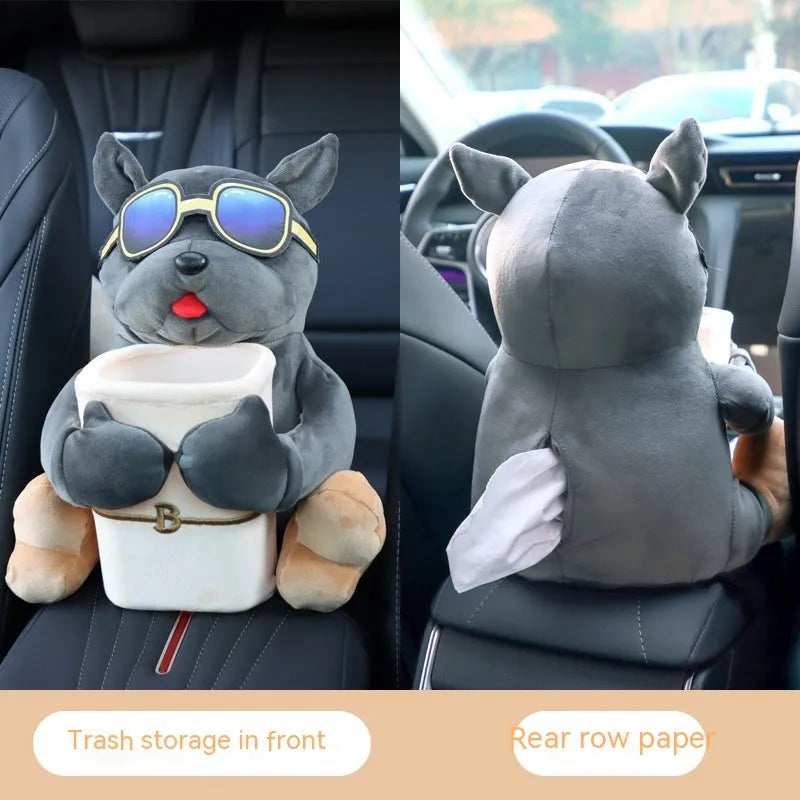 Men's car tissue box with plush fabric hanging from vehicle armrest showing character design options