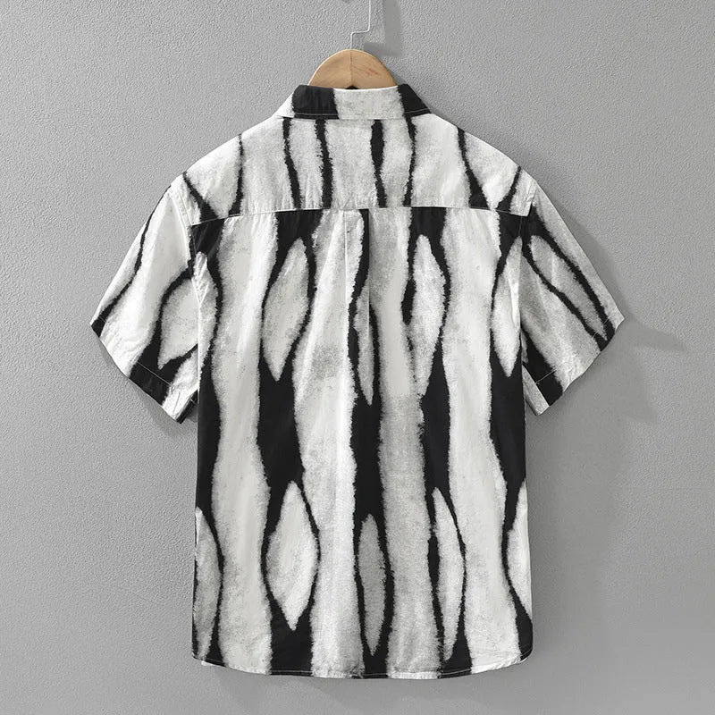 Retro striped short sleeve shirt in pure cotton, black and brown stripes, loose cardigan style, non-ironing feature