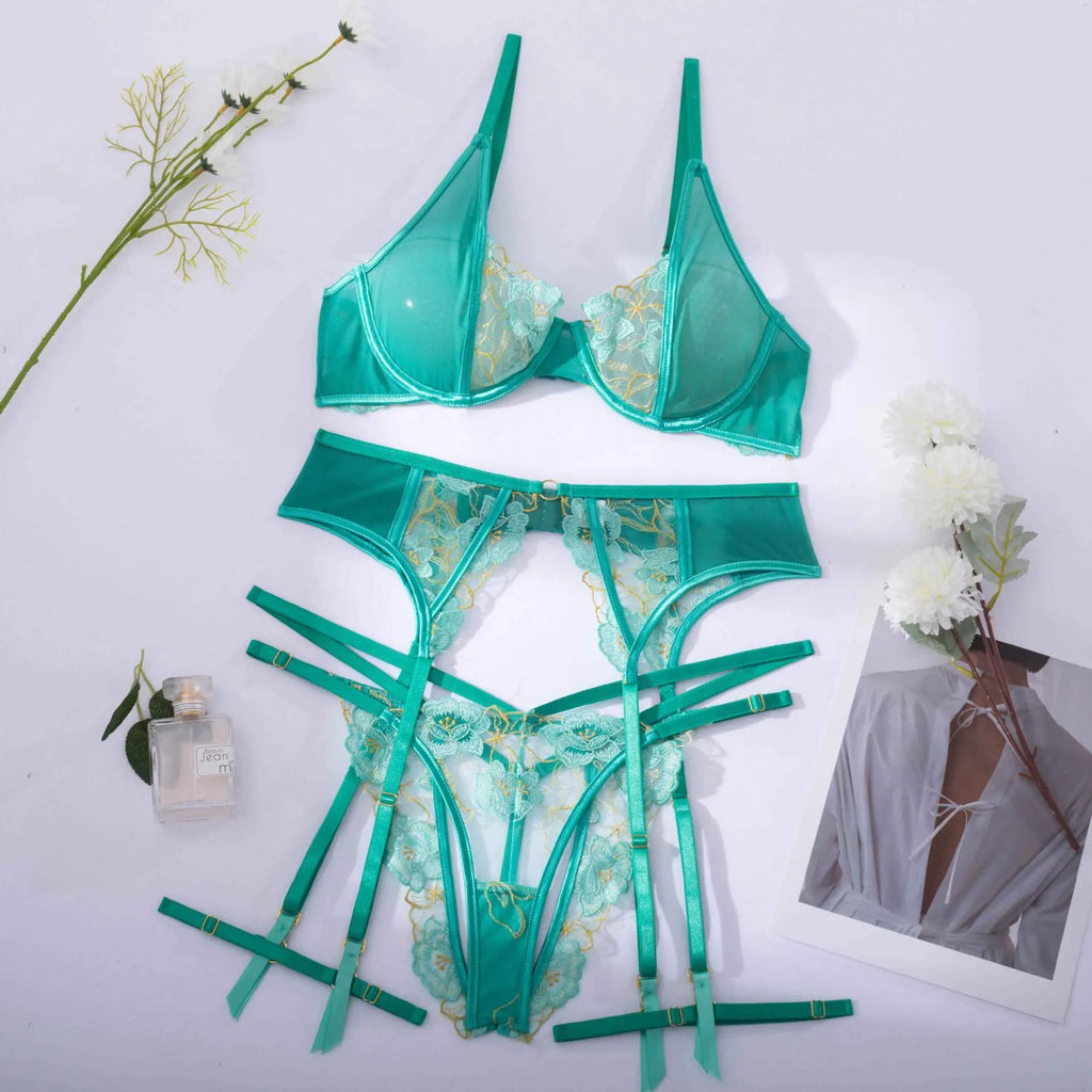Light green women's embroidered bra set with bikini brief