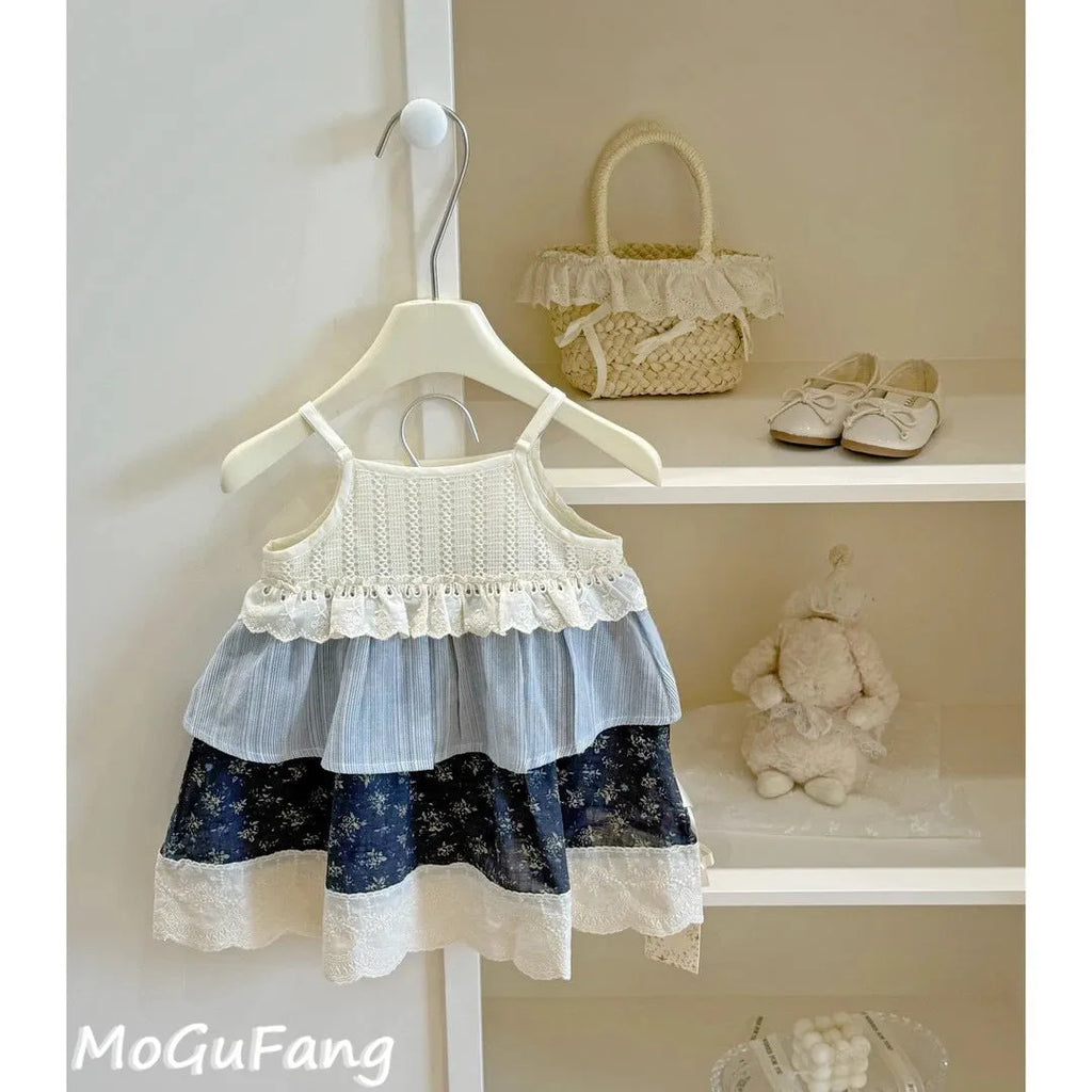 Girls' floral sling spliced princess dress, sleeveless cotton lined, floral skirt 7 385, 80-140cm heights