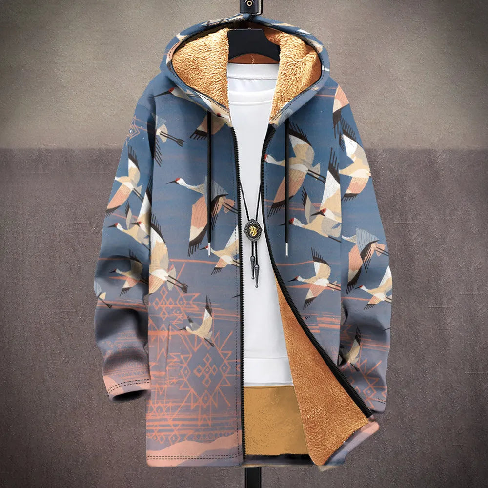 Men's multicolour pattern hooded cardigan with front zip closure in loose fit
