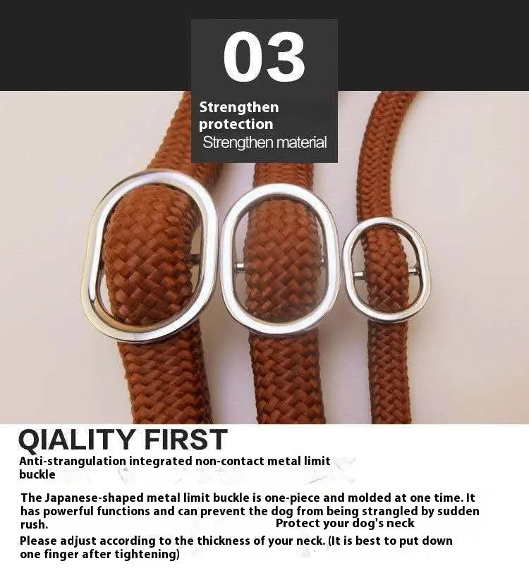 Brown nylon P chain dog leash with hand-holding rope, showing 2.1m length and adjustable chain mechanism