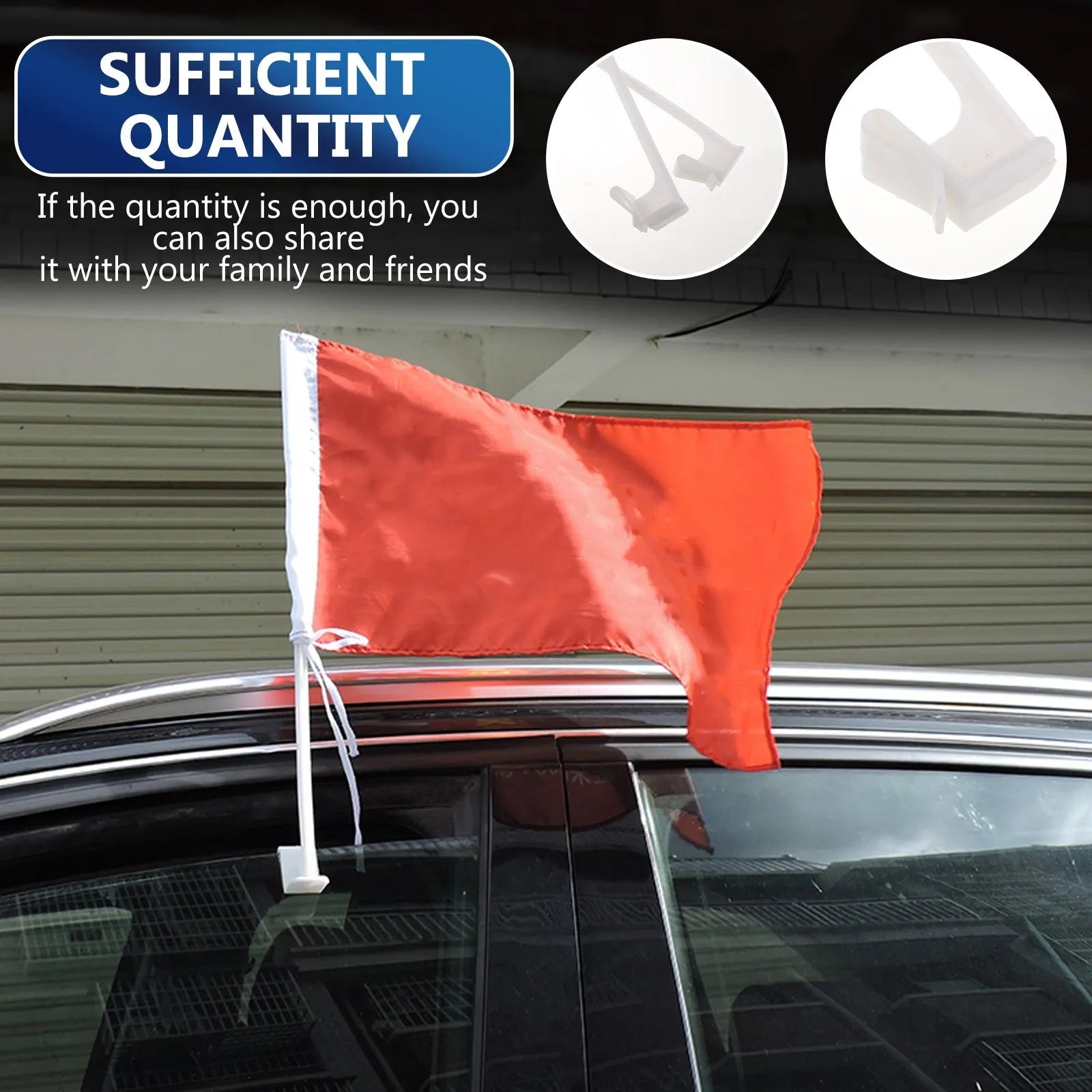 White PP plastic car window flag bracket set showing 10 poles with clip mechanism for vehicle flag display