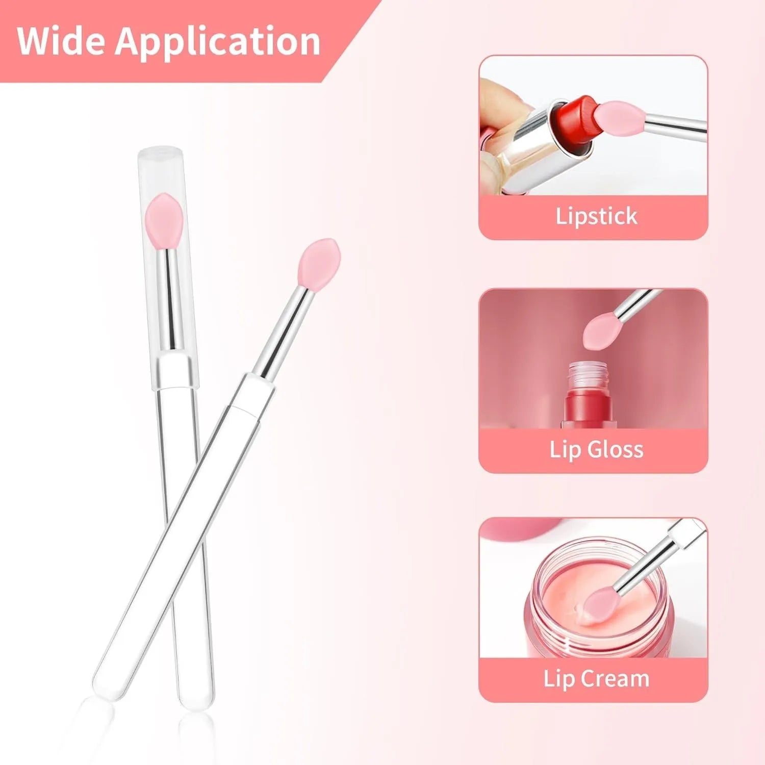 Set of reusable silicone lip brushes with caps in eight different colours on a white background.