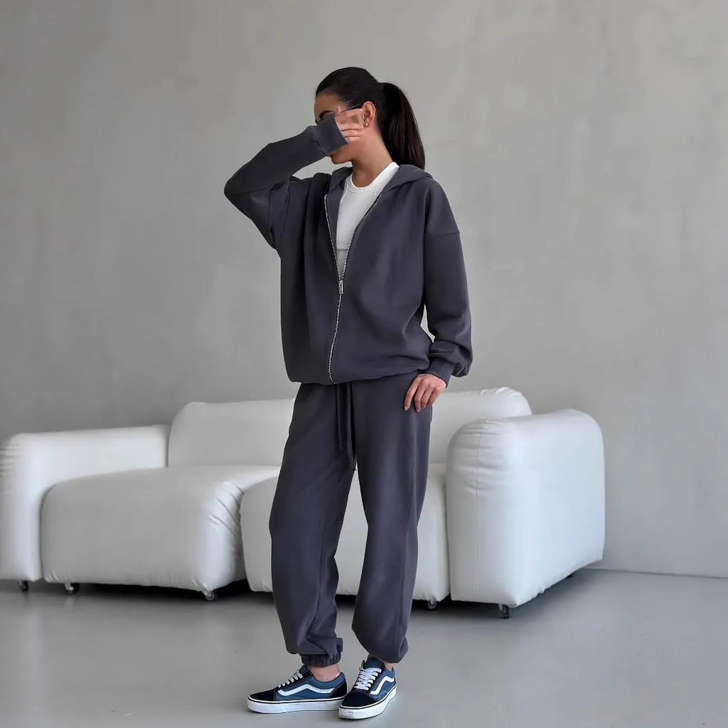 Red loose-fit long sleeve coat and trousers street style two-piece set on a hanger