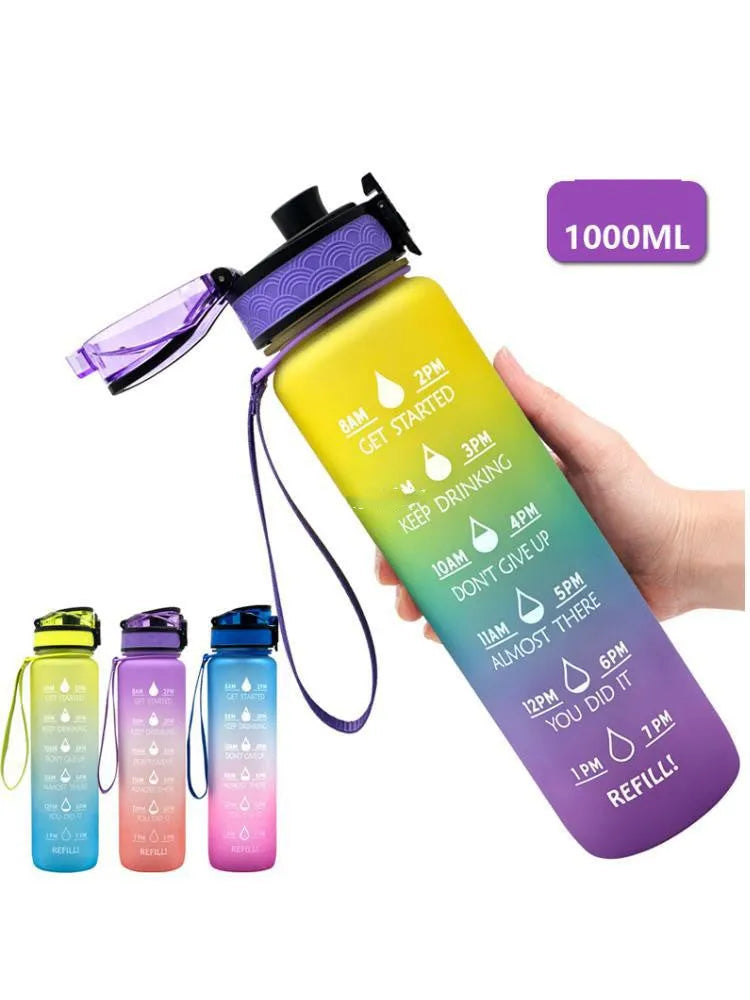 Clear 1000ml Tritan sports water bottle with blue lid and infuser inside, showing measurements.