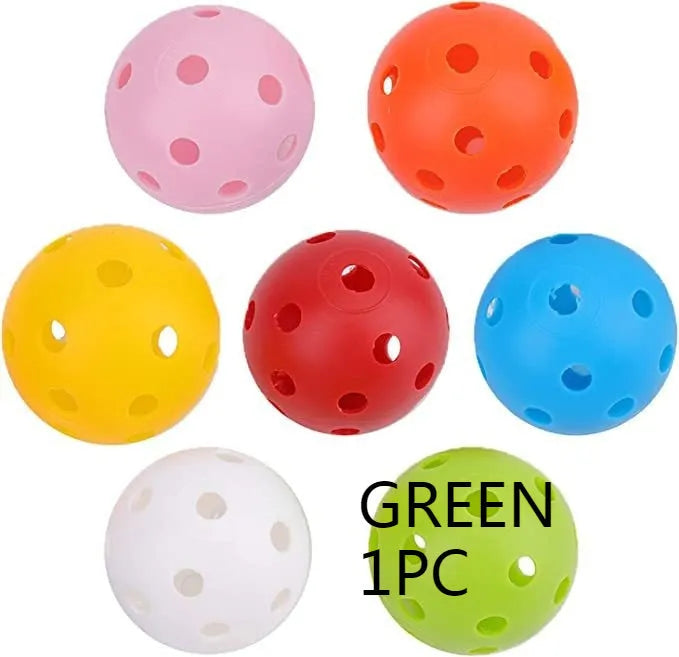 Six-colour golf practice balls in net pocket, each measuring 42mm diameter