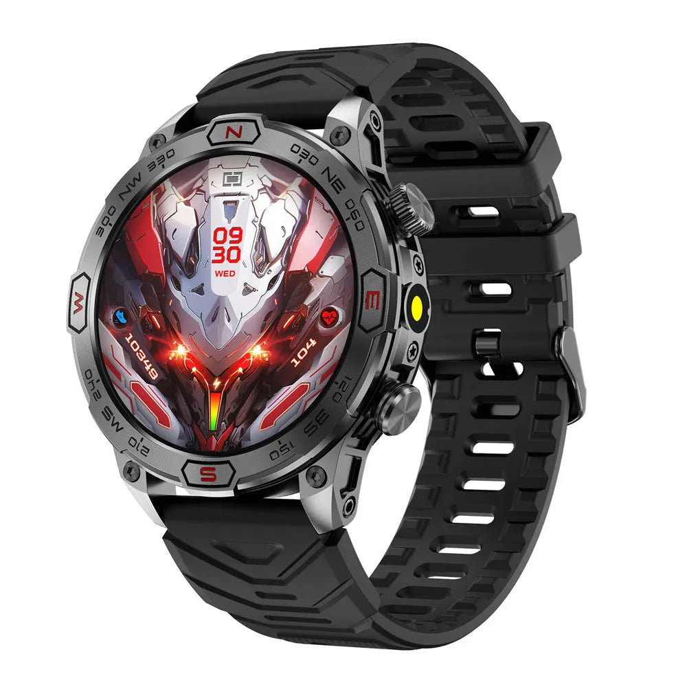 Sports smartwatch with AMOLED screen on wrist showing fitness metrics, zinc alloy case with silicone strap