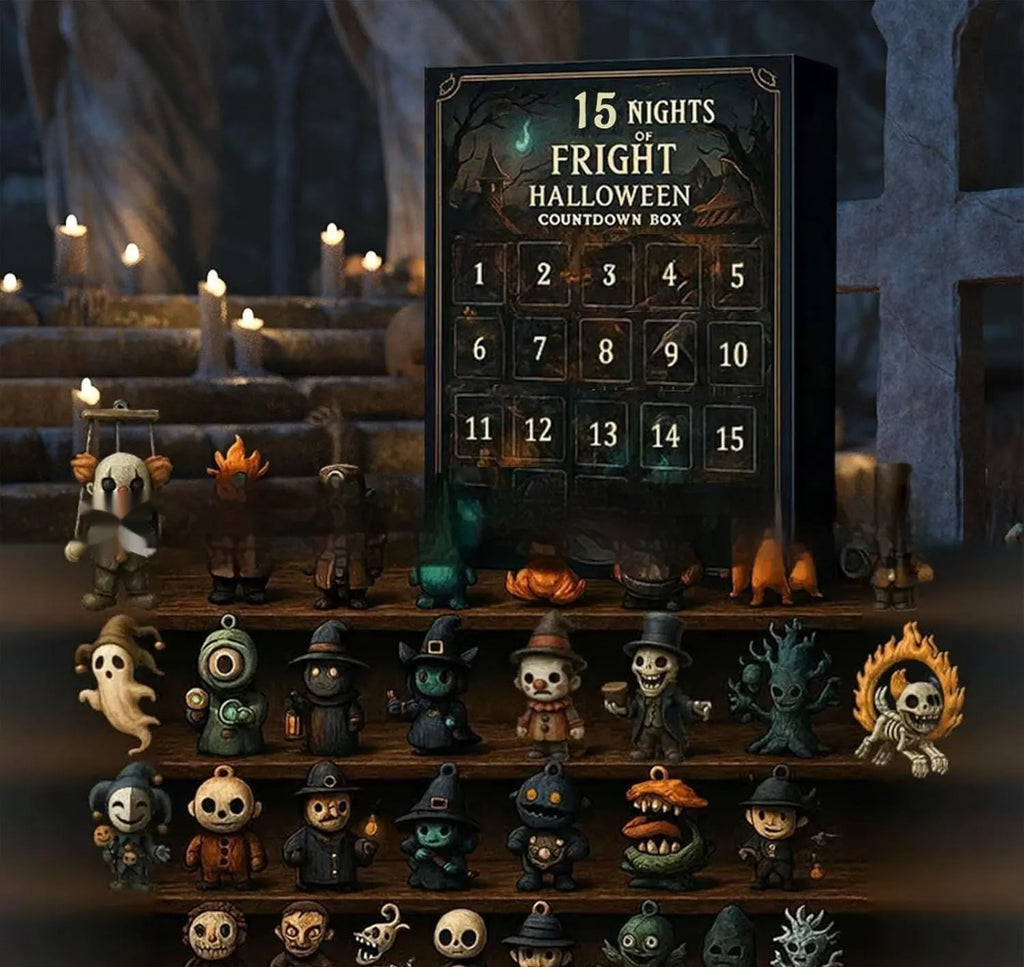 Halloween themed countdown box with plastic and resin construction for Christmas advent calendar use