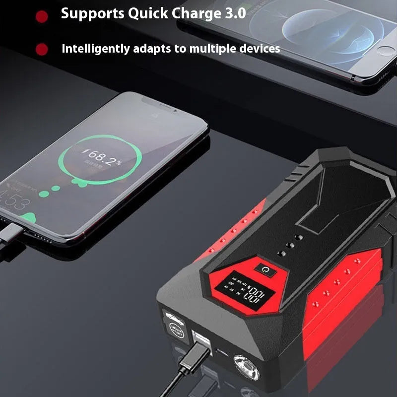 Red 12V car emergency jump starter power bank with battery clamps and 18800mAh capacity