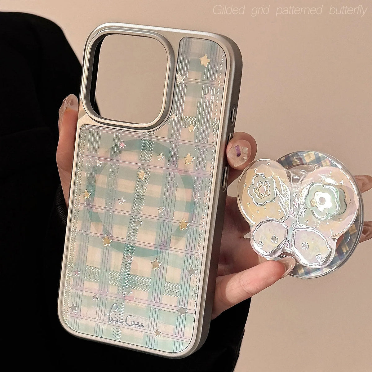 Gilding PC phone case with silver edge, plaid star butterfly pattern, rotating bow magnetic bracket for iPhone or Huawei