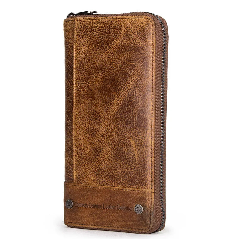 Brown genuine leather men's wallet with card compartments and visible stitching