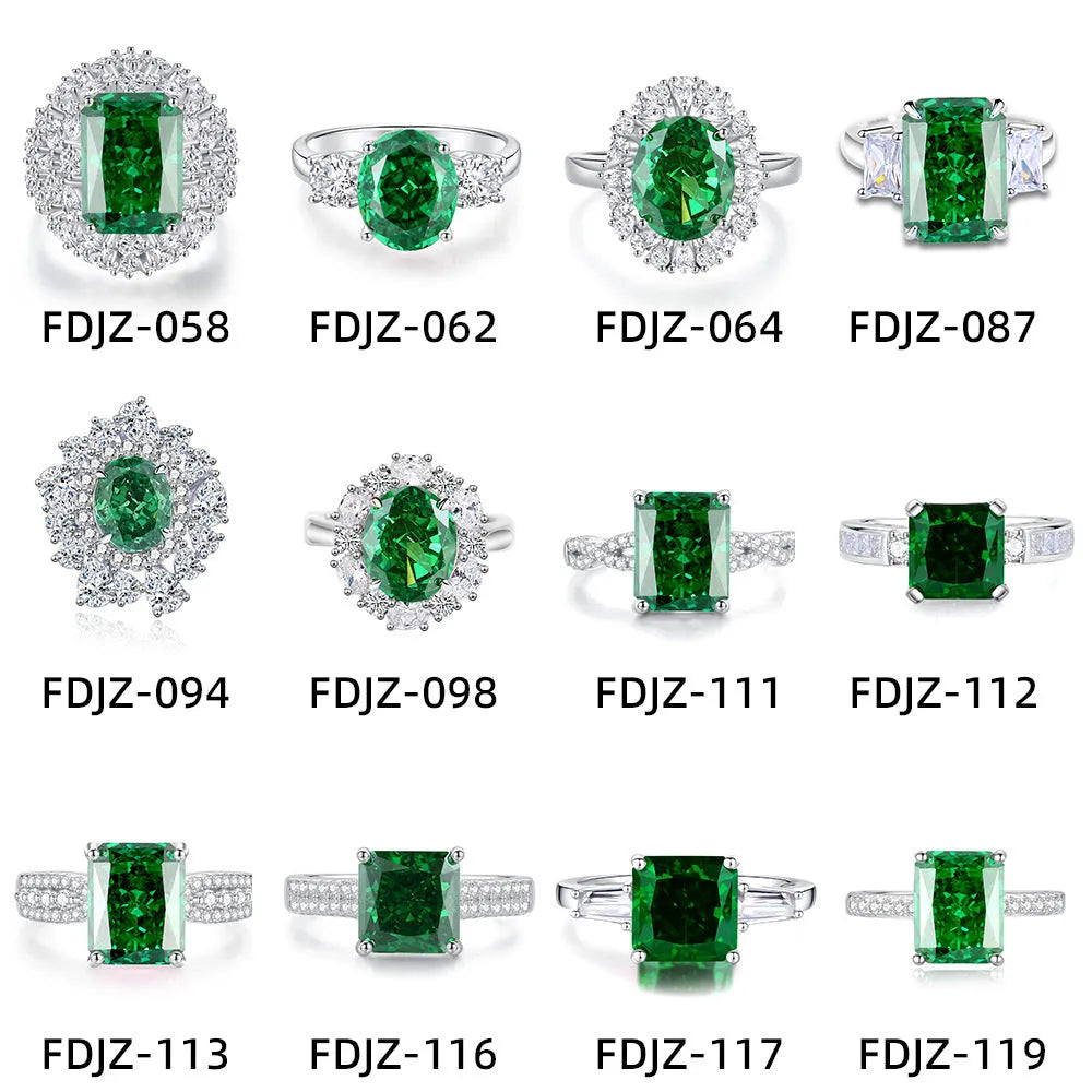 S925 sterling silver emerald ring with geometric shape and high carbon diamond inlay, showing elliptical design.