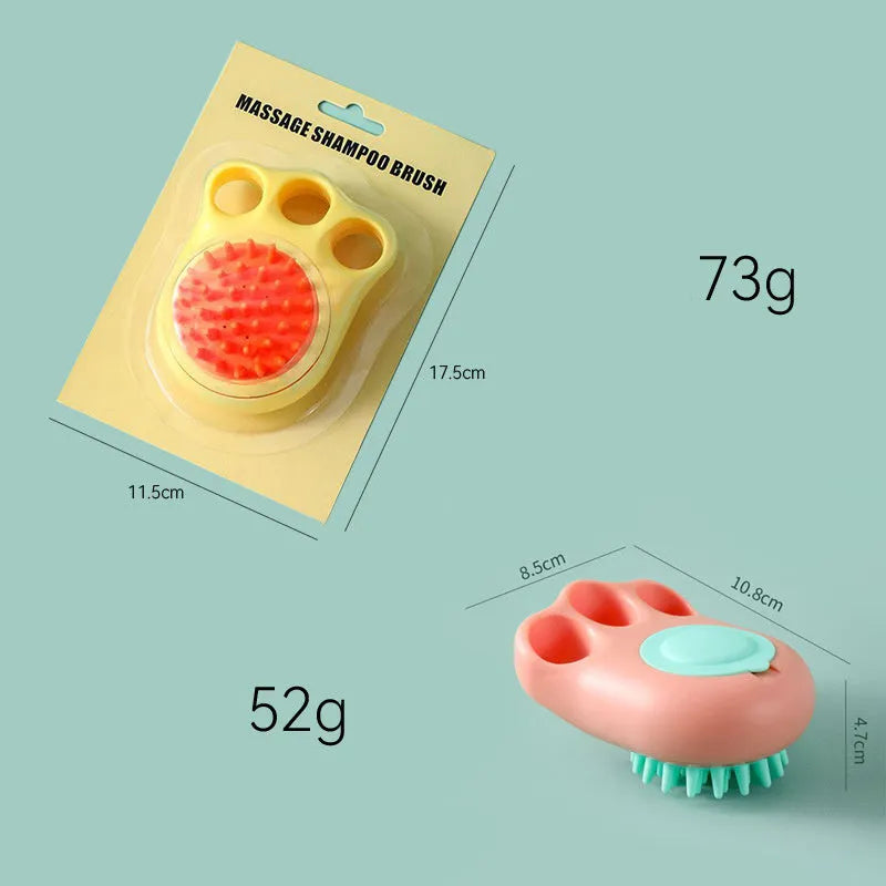 Blue pet bath and massage brush with soft silicone bristles and a plastic handle for cats and dogs.
