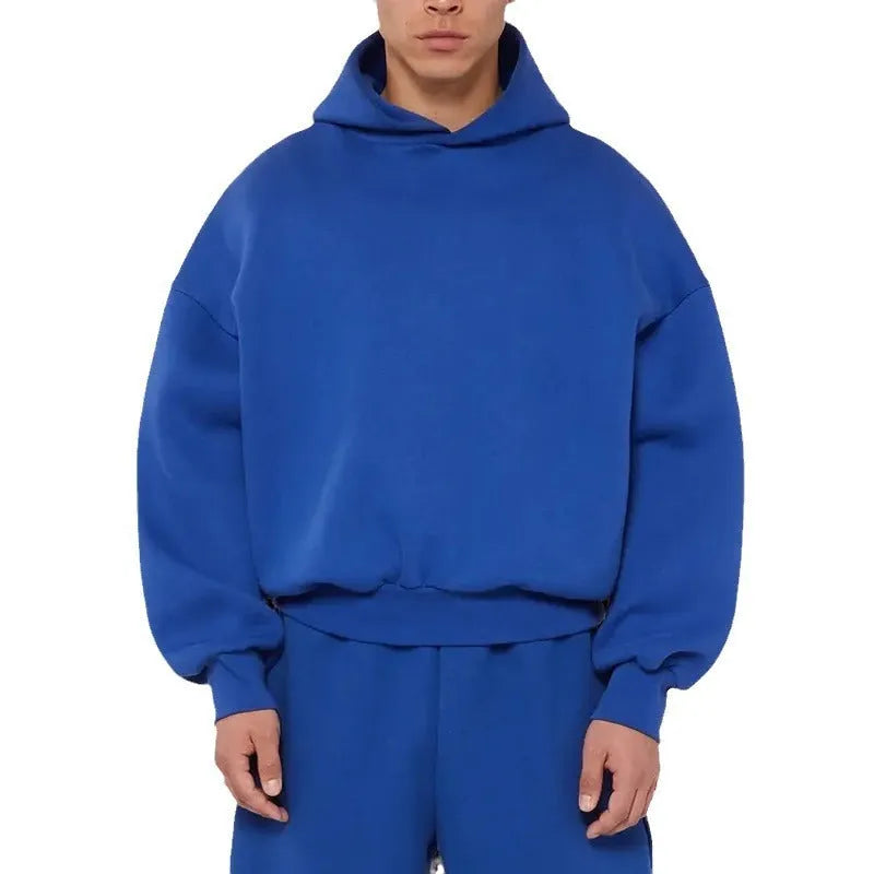 Men's fleece-lined pullover hoodie in solid colour with wool lining, shown in size L