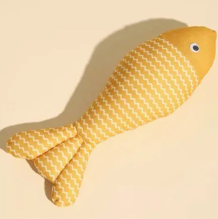Blue and yellow fish-shaped cat toys in large and medium sizes on a plain background.