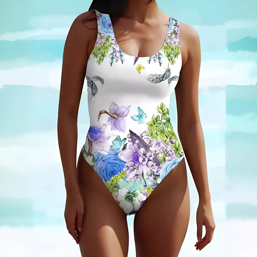 Women's sleeveless dress-style swimsuit in a bohemian pattern, made from spandex fabric.