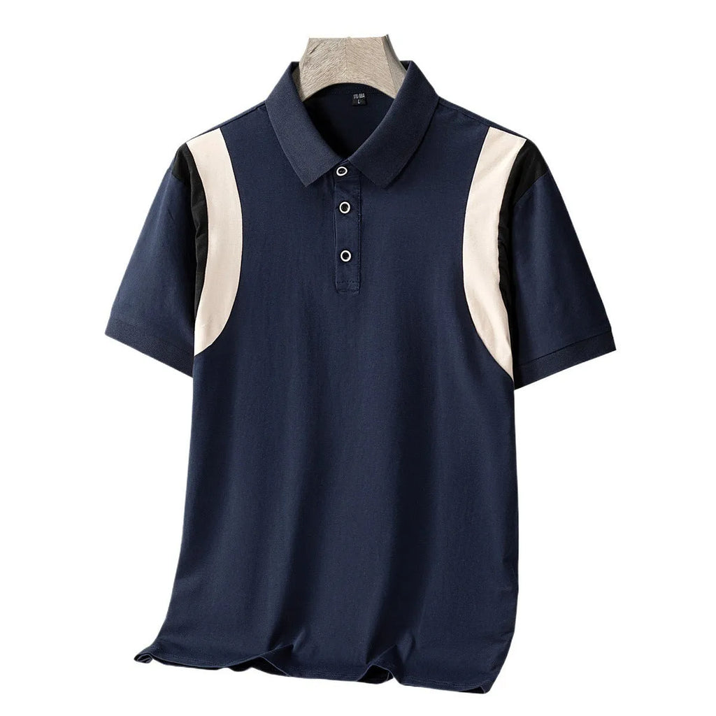 Men's striped lapel T-shirt in navy blue with short sleeves and loose fit on a hanger