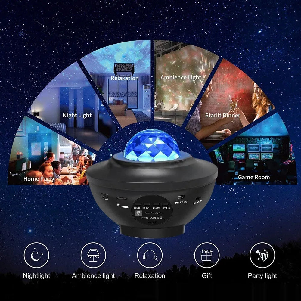 Small black starry sky projection lamp on desktop with rotating water ripple laser effects and remote control