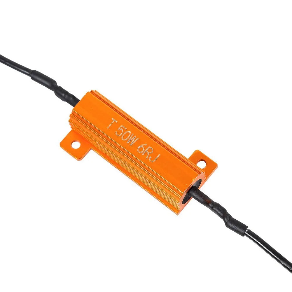 Gold-colour automotive LED decoder with aluminium case, 50W 12V rating, includes connection clips.