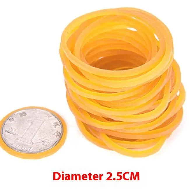 Yellow rubber bands in seven diameters from 16mm to 70mm, 500g pack for bundling and organising