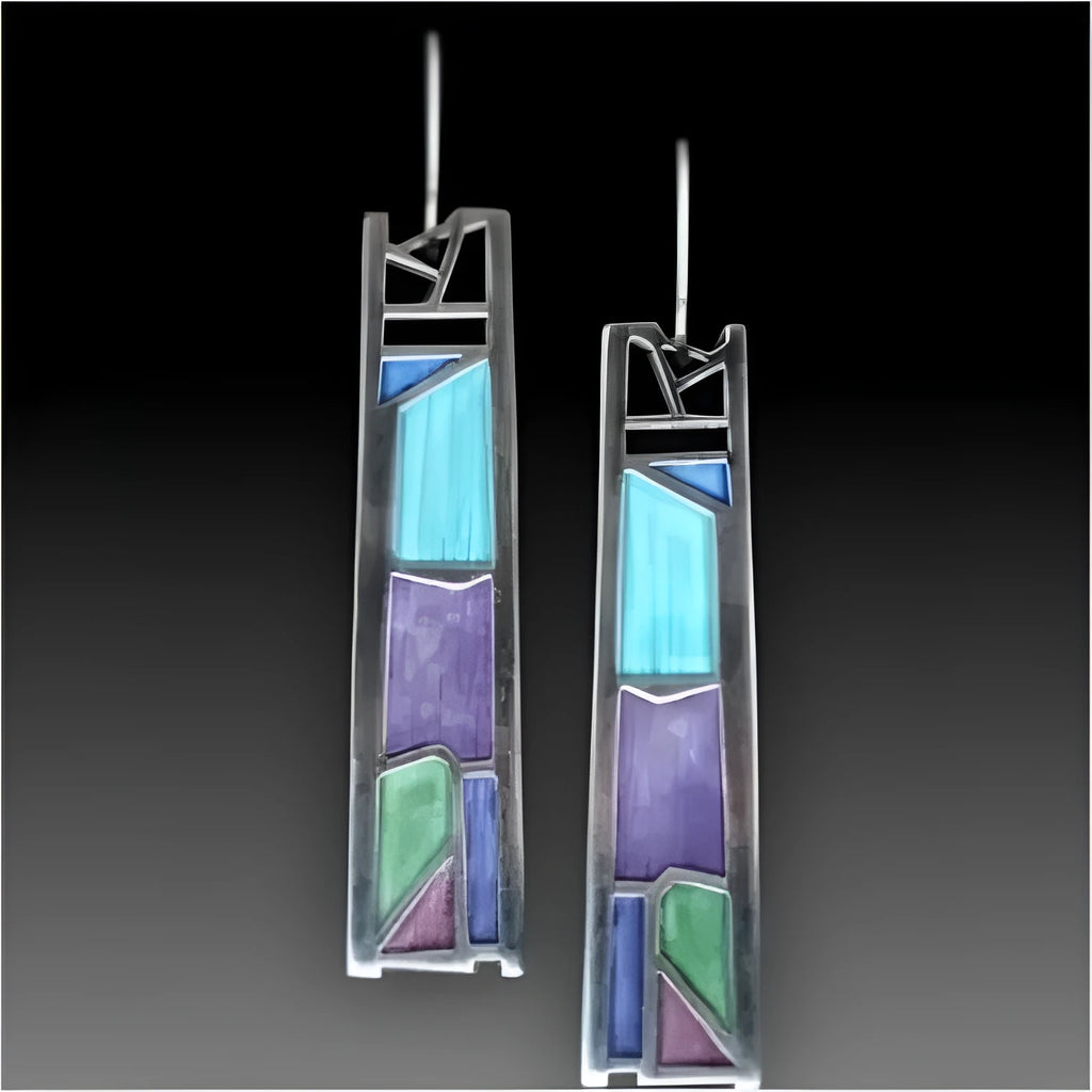 Silver drop-shaped women's earrings with irregular oil colour effect on alloy