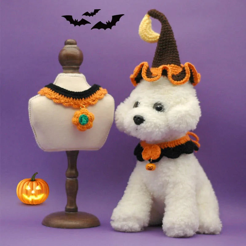 Hand-crocheted wool Halloween pet collar for cats and dogs in pumpkin colours with adjustable sizing