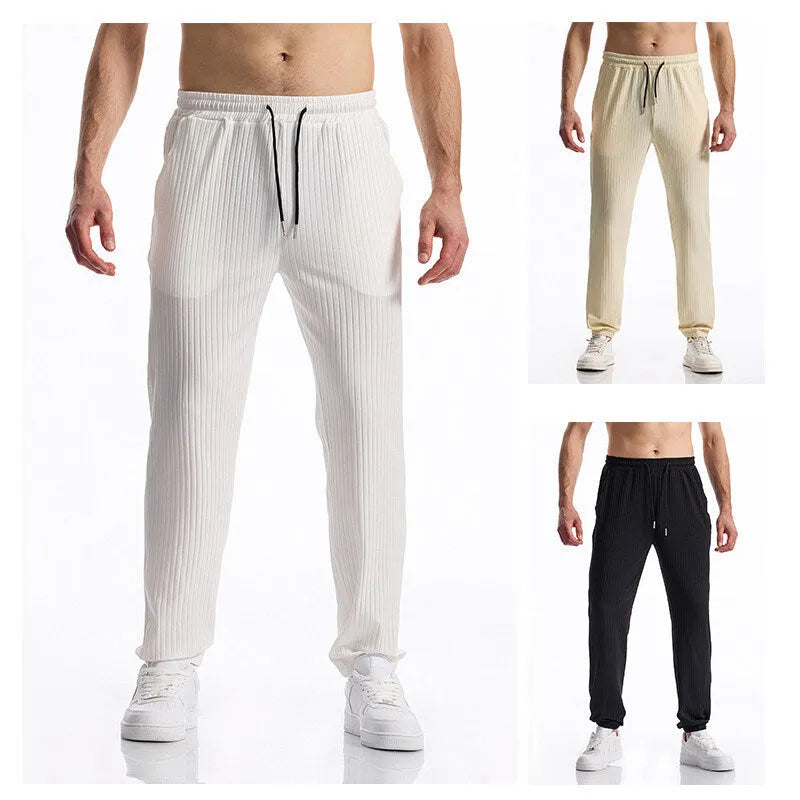 Silky rib fabric casual pants in baggy straight-leg style with elastic waistband