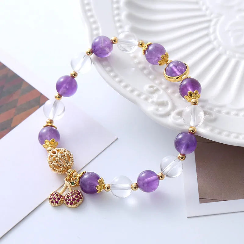 Purple crystal bracelet with cherry flower design and micro-inlaid amethyst details
