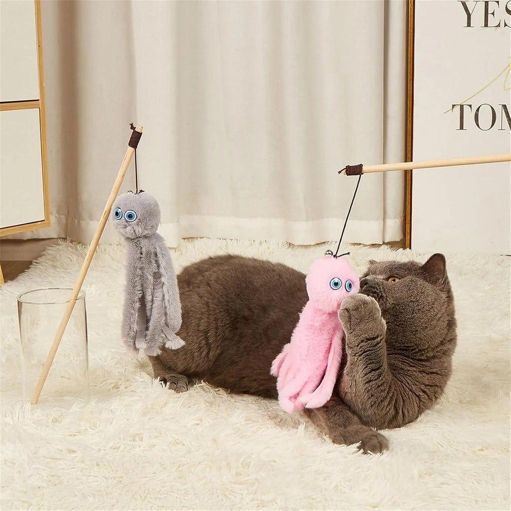 Octopus-themed cat toy on a 40cm stick in bright colours for indoor kitten play