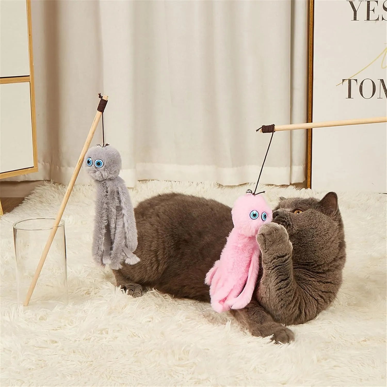 Octopus-themed cat toy on a 40cm stick in bright colours for indoor kitten play