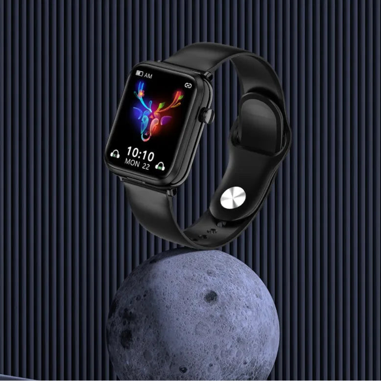Black smart watch with 1.69-inch touch screen and zinc-aluminium alloy body showing fitness metrics display