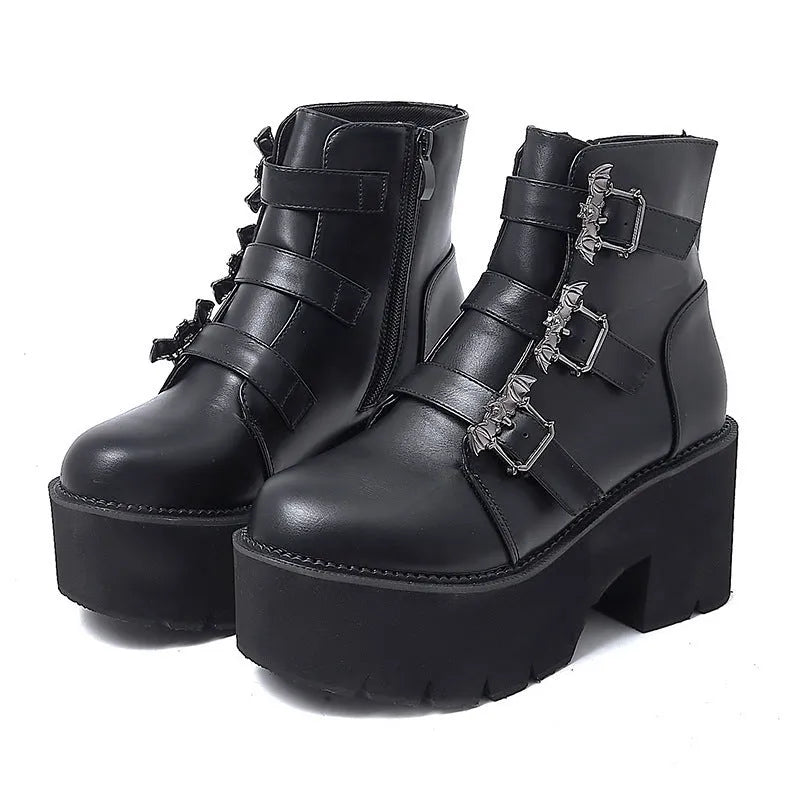 Black Harajuku punk Gothic style short boots with bat buckle detail and side zipper