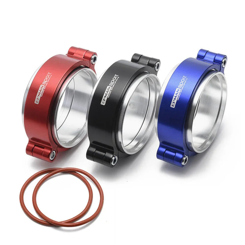 Aluminium fixed movement clamp for automotive turbine exhaust downspouts in black, blue, or red