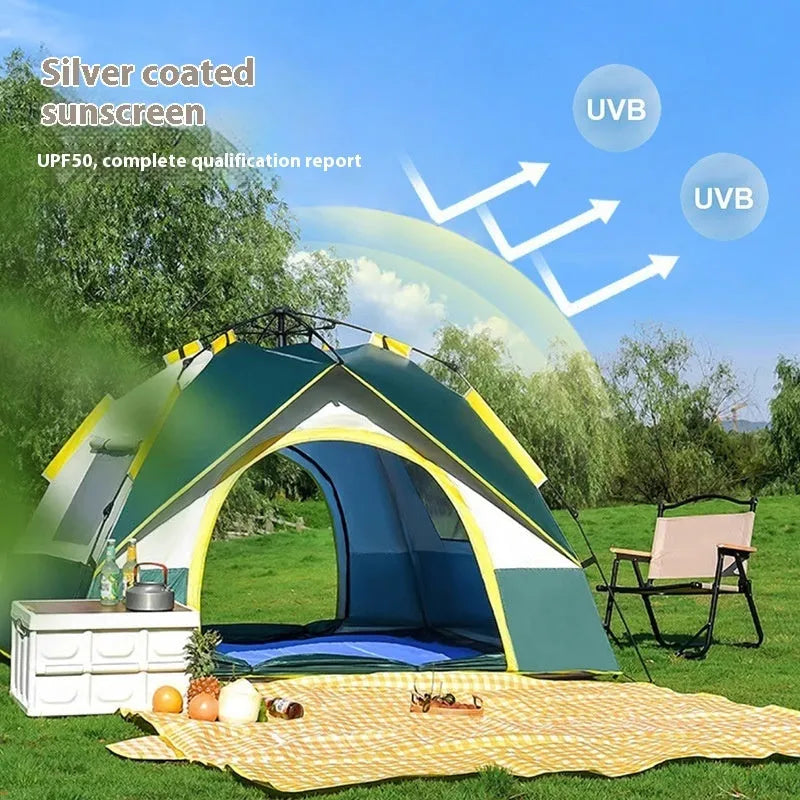 Dark green silver glue automatic tent for 3-4 people with quick-open design, 220 x 200 x 140 cm dimensions