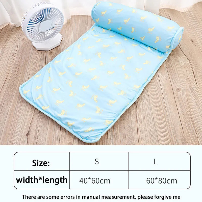 Ice silk cotton blend pet cooling mat in blue colour showing rectangular shape and breathable fabric texture