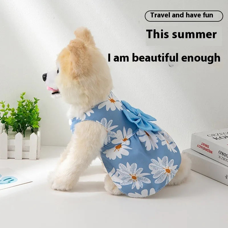 Ultra-thin polyester pet dress with floral butterfly knot in blue bow colour, size L for dogs or cats