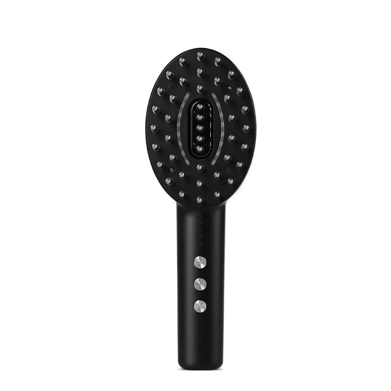 Black handheld scalp massage device with silicone nodes, showing ergonomic grip and control buttons