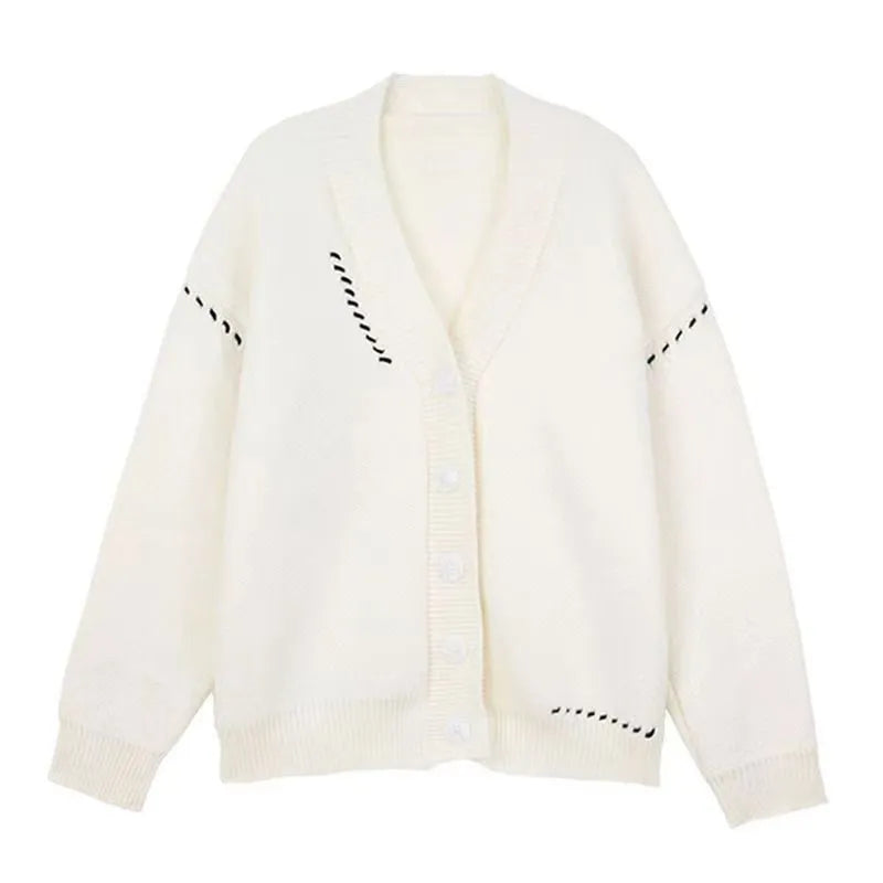 Women's loose fit knitted cardigan top coat in black solid colour with long sleeves