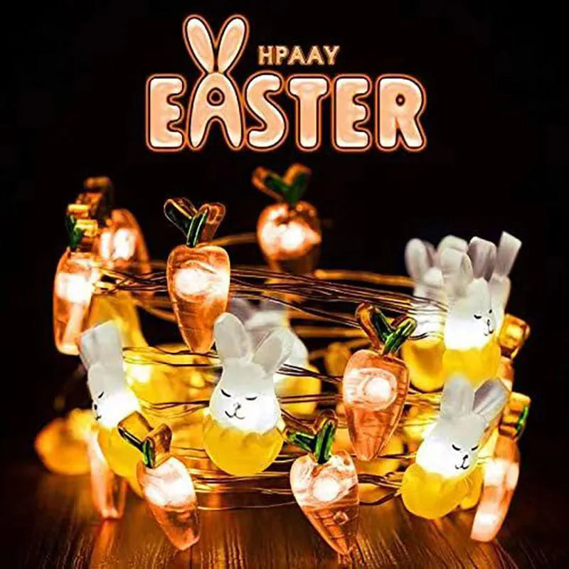Carrot and rabbit shaped Easter LED string lights with battery box and PVC shell, available in five colours