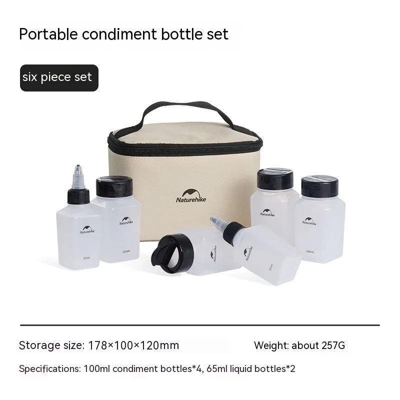 Naturehike modern minimalist six-piece plastic seasoning bottle set for outdoor use.