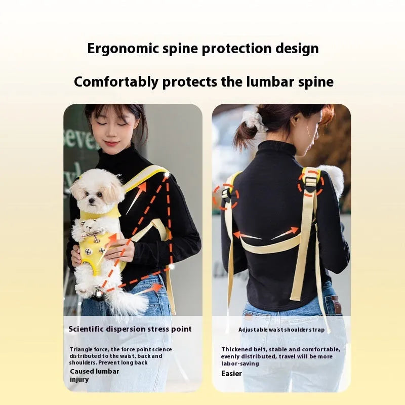 Cartoon cute chest bag portable pet carrier with animal pattern and colourful stitching on soft canvas material