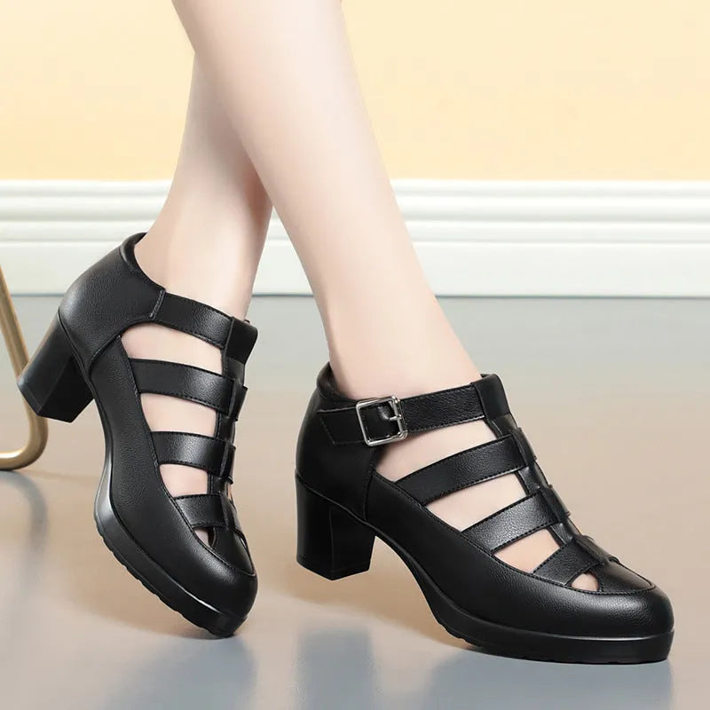 Women's beige closed toe sandals with chunky heel, woven hollowed upper, and ankle strap buckle.